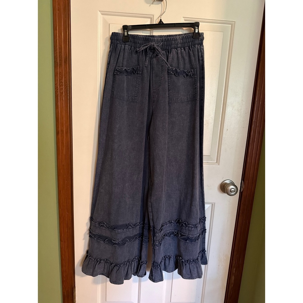 Mittoshop Womens Blue Ruffle Hem Wide Leg Cotton Pants Medium NWT